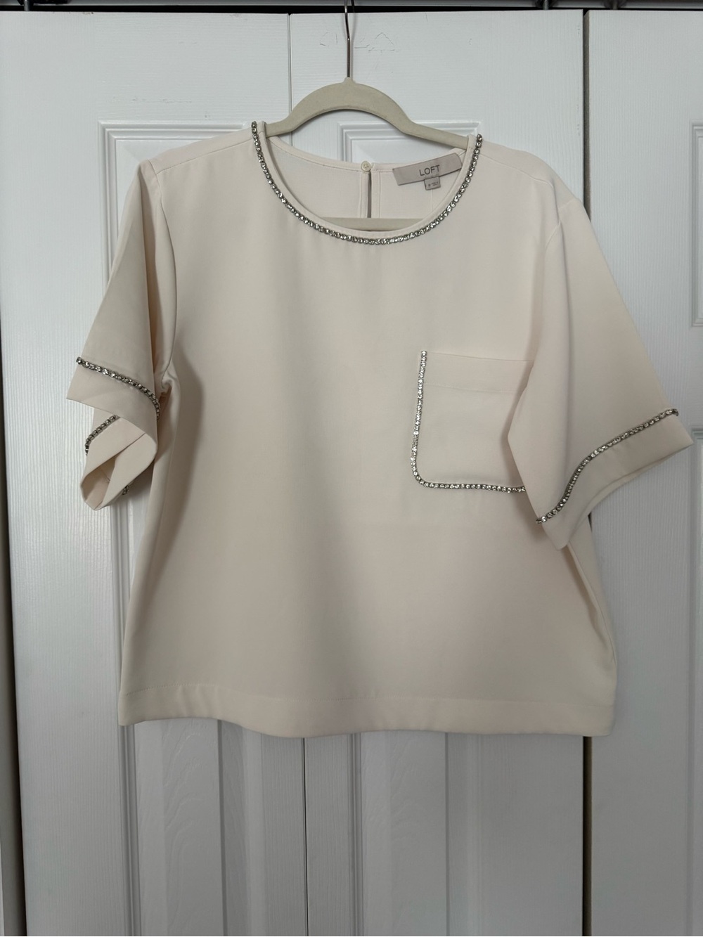 LOFT Embellished Cream Short-Sleeve Blouse